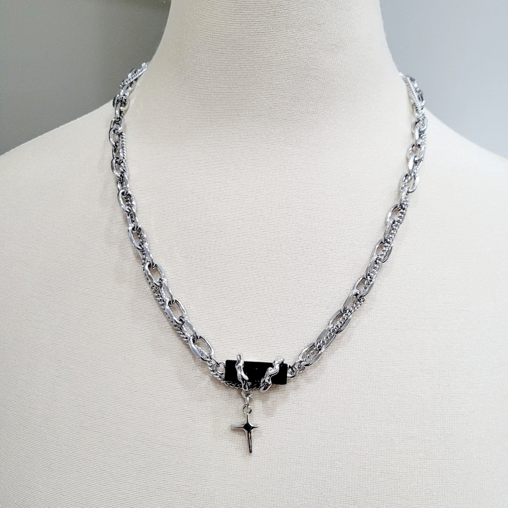 Brand New Stainless Steel Silver & Black Cross Gothic Double Chains Necklace